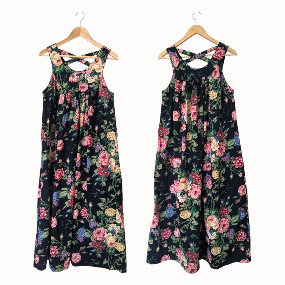 🖤🌸 VTG Starina 100% Cotton Floral Sleeveless Maxi Dress w/ Button Detail, L🇮